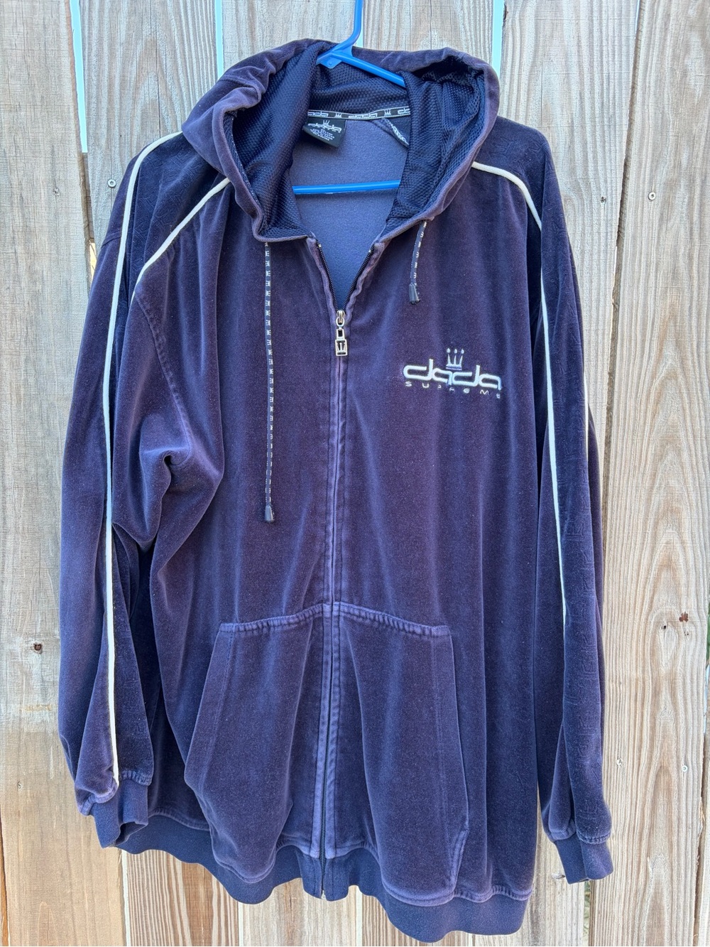 DaDa Supreme Dark Navy Velour Zip Hoodie with White Piping
